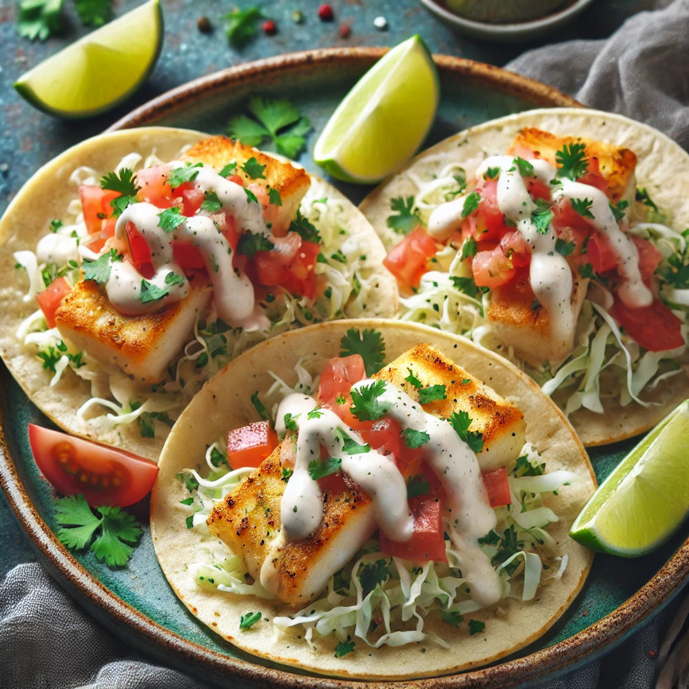 A plate of three grilled fish tacos served in soft corn tortillas. Each taco is filled with a grilled fish fillet, fresh shredded cabbage, and diced tomatoes, topped with a drizzle of creamy lime sauce. The tacos are garnished with cilantro and accompanied by lime wedges on the side. The presentation is colorful and vibrant, highlighting the freshness of the ingredients.