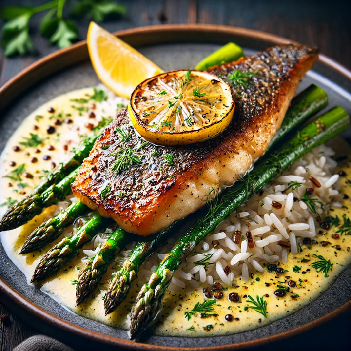 A beautifully plated dish featuring a pan-seared Alaska rockfish fillet with crispy skin, garnished with a slice of grilled lemon on top. The fish is placed on a bed of wild rice and surrounded by roasted asparagus spears. The dish is drizzled with a creamy lemon herb beurre blanc sauce and garnished with fresh dill and parsley. A lemon wedge is also placed on the side of the plate. The presentation showcases the vibrant colors and textures of the ingredients in a fine dining style.