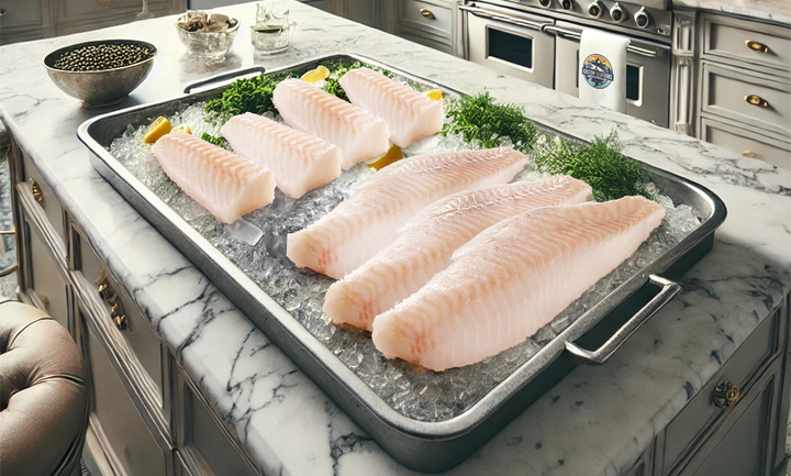 The image shows a tray of fresh, raw Wild Alaskan Pacific cod fillets resting on a bed of crushed ice. The fillets are neatly arranged in rows, with their white, flaky texture and slight pinkish hues visible. Lemon wedges and fresh herbs, such as parsley, are also placed around the fillets for garnish. A professional kitchen setup with stainless steel appliances is visible. The logo of “Custom Seafoods” can be seen on a towel hanging on the oven door.