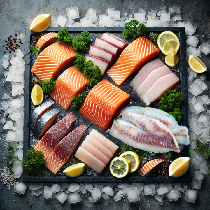 Square platter of premium Wild Alaskan seafood fillets, including salmon, halibut, cod, and rockfish, garnished with lemon wedges and parsley, arranged neatly over crushed ice.